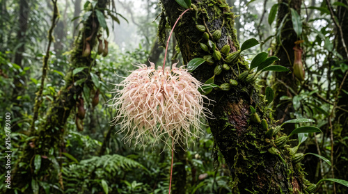 Delicate bulbophyllum orchid blooming with spidery light pink petals attached to a mossy tropical tree trunk