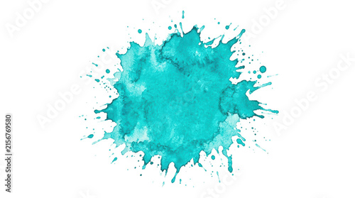 Turquoise watercolor splash with many small droplets and splatters.