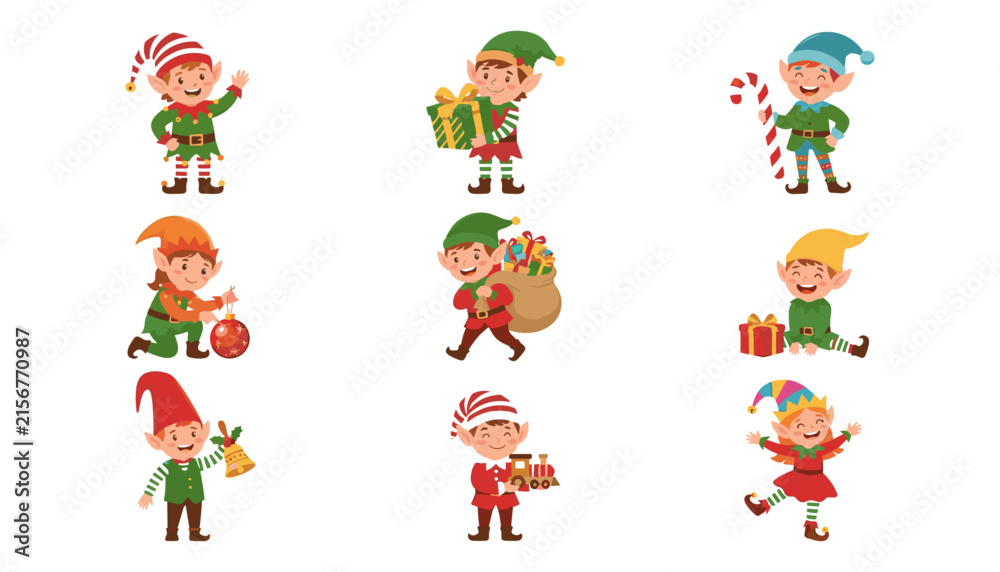Naklejka premium Christmas elves characters icons set featuring cute little Santa helpers with holiday gifts, toys, candy cane, festive vector illustration isolated on white background