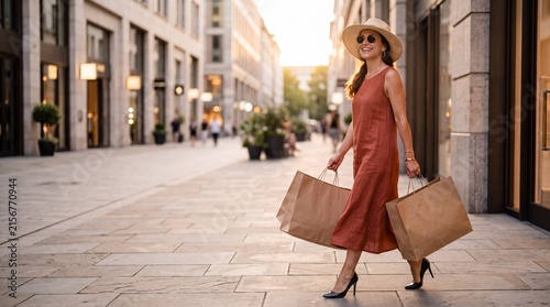 Woman Shopping Downtown: A stylish woman enjoys a sunny day shopping in a vibrant downtown area, carrying shopping bags and exuding a sense of leisure and pleasure.