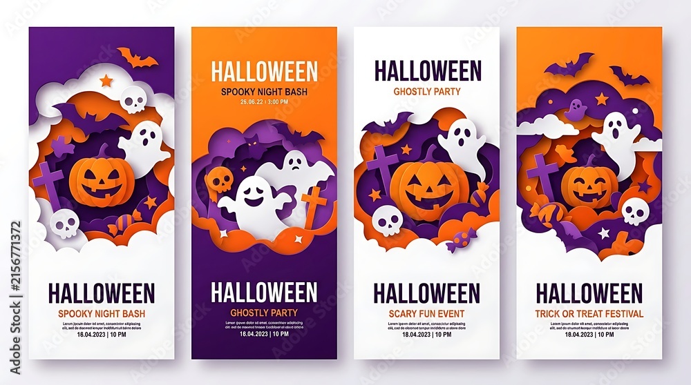 Set of four vertical halloween banners featuring layered paper cutout illustrations with festive seasonal elements with motifs with displays collection