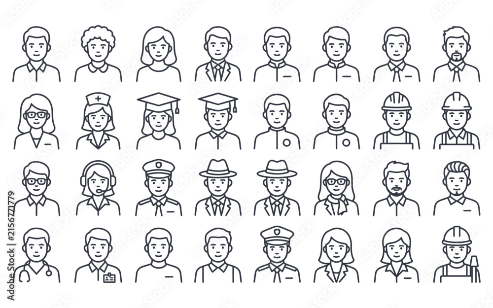 Fototapeta premium Diverse professions avatar icon set representing global workforce and various career paths in society.