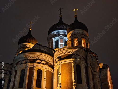 Canvas Print Low angle night view of illuminated onion domes and crosses of Alexander Nevsky Cathedral in Tallinn, Estonia