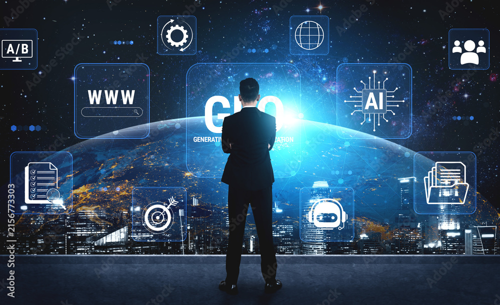 Obraz premium Businessman in Suit Standing Before Futuristic Digital Interface with Technology and Data Icons in a Space Setting. Glyphic.