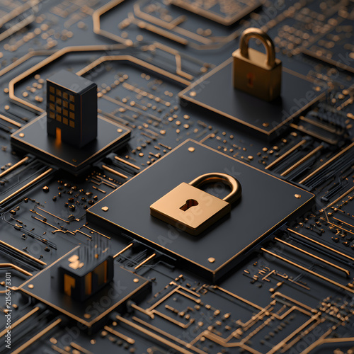 Hybrid network security 3D concept, corporate encrypted bridge with enforcement gate, remote office endpoint protection, navy gold on dark background, technology visualization
