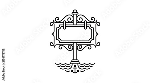 Ornate Signpost with Anchor and Waves Vector Illustration