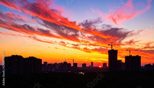 tall construction cranes and dark building silhouettes against vibrant dramatic sunset sky urban development real estate growth industrial city skyline evening landscape 