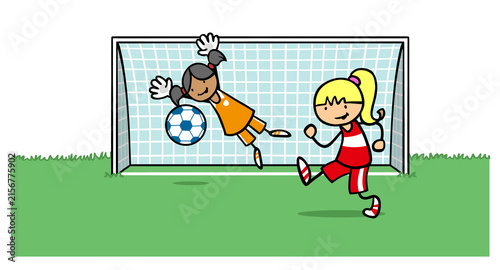 Fotografía Zwei Cartoon Mädchen spielen Fußball im Sportverein