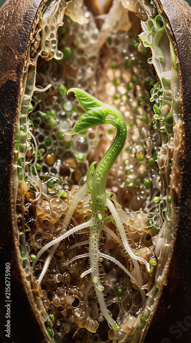 Macro Cross Section of a Sprouting Seed with Visible Roots and Young Leaves