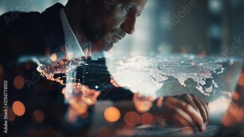 Businessman analyzing global network data