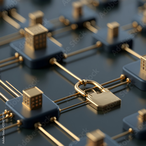 Abstract encrypted network infrastructure 3D render, office node to remote endpoint secure connection, enforcement gateway, dark background with navy gold, technology concept