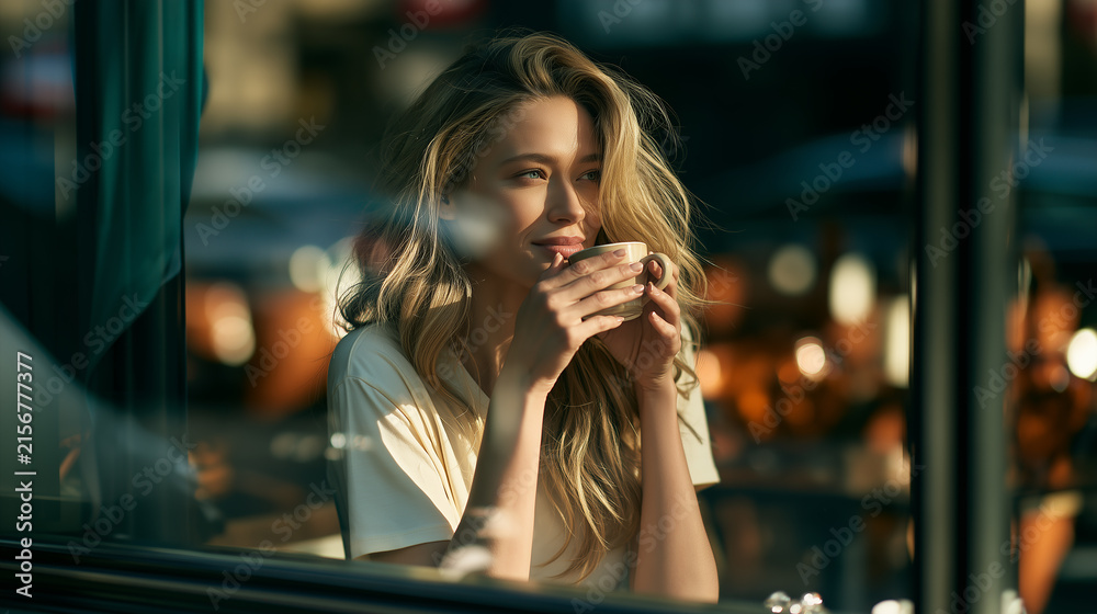Fototapeta premium Thoughtful Young Woman Enjoying Coffee by Sunlit Cafe Window with Warm Golden Light and Reflection
