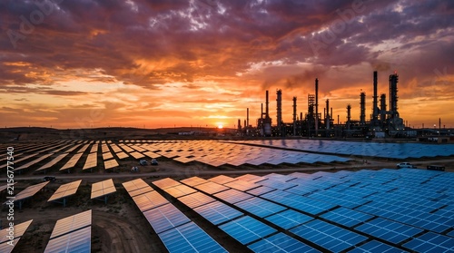 Solar Panels and Oil Refinery at Dramatic Sunset, Illustrating the Energy Transition Between Renewable Solar Power and Traditional Fossil Fuel Industry, Sustainable Technology, Industrial Infrastructu