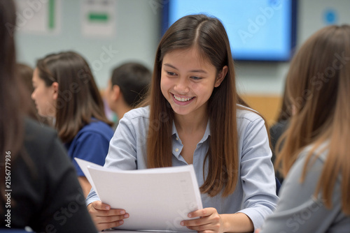 Happy teenage student girl smiling while reading paper documents in a bright modern classroom during an educational lesson with classmates in the background.