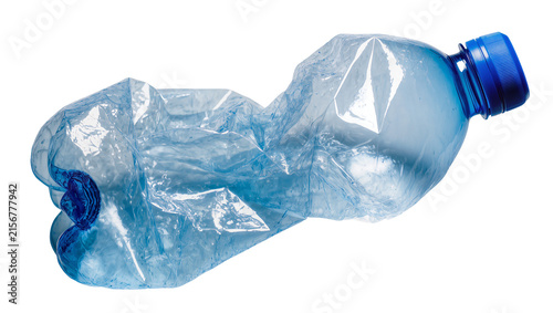 Konstfotografi Crushed blue plastic water bottle with blue cap, isolated on transparent backgro
