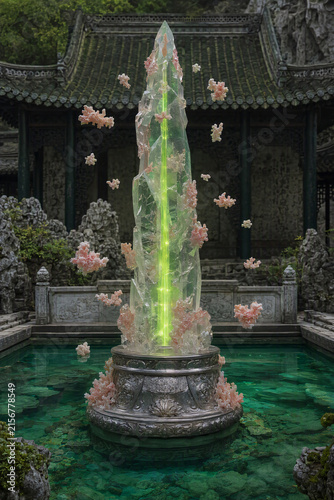 Fountain in a Traditional Asian Garden Park with Stone Lion Statue, Temple Architecture, Water Feature and Ancient Cultural Landmark in Thailand