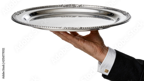 Fotografie Man s hand in suit holding ornate silver platter, isolated on transparent backgr