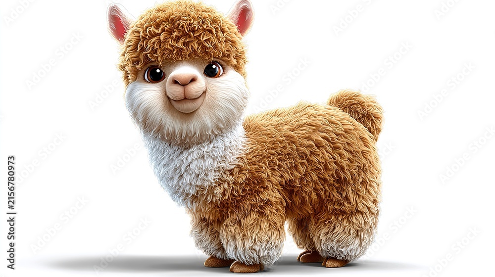 Naklejka premium Adorable Alpaca Character: A cute and fluffy alpaca with big eyes and a sweet smile, rendered in a charming cartoon style.