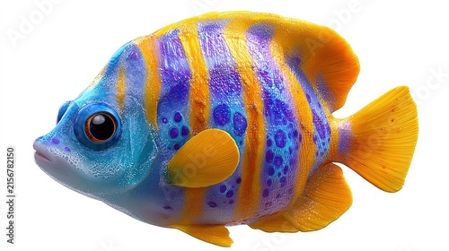 Vibrant Tropical Fish: A beautifully rendered tropical fish, adorned with striking blue and orange stripes and purple dots, showcases its colorful scales against a clean, isolated background.