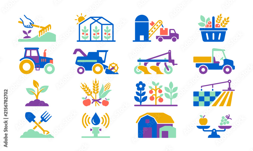 Naklejka premium Colorful flat design icons representing various aspects of modern agriculture and farming