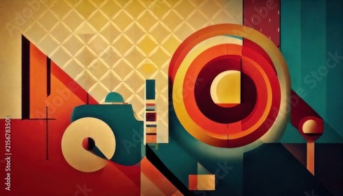 Abstract geometric composition featuring circles, squares, and triangles in bold colors.