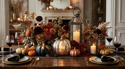 Elegant autumn table setting with pumpkins candles and floral arrangements for a festive occasion