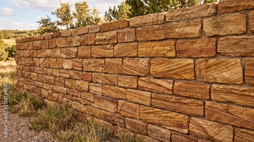 Sandstone wall with earthy textures. Natural stone masonry fence in a desert landscape.