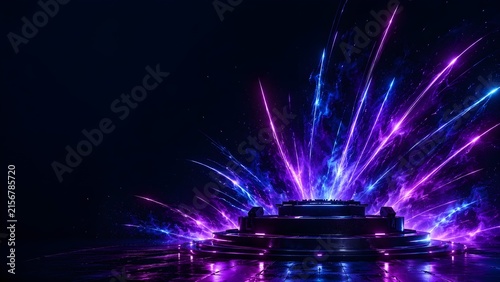 Cyber Stage Background with Neon Purple and Electric Blue Fireworks Festival Banner