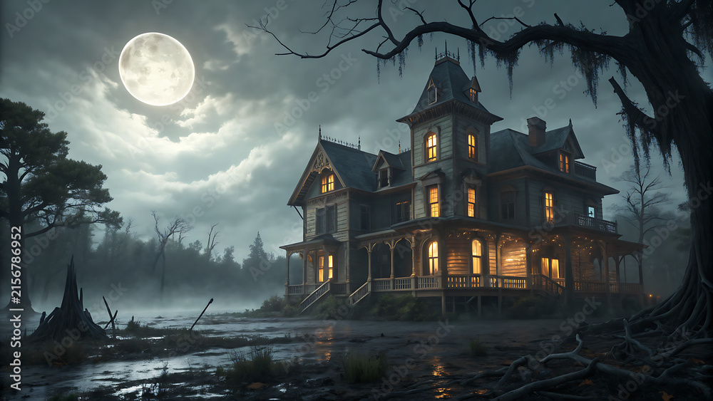 Obraz premium Haunted Victorian mansion at night with full moon and misty swamp landscape
