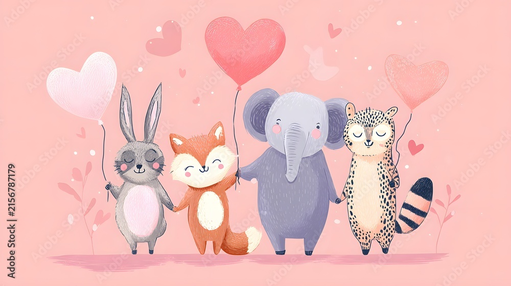 Naklejka premium Cute Hand Drawn Animal Characters Holding Pink Heart Shaped Balloons