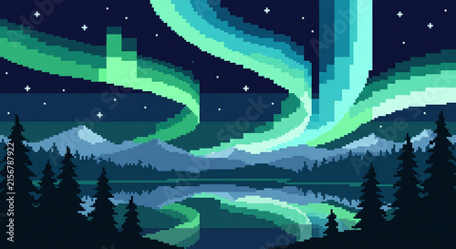 Pixel Art Northern Lights over Snowy Mountains, Pine Forest and Reflective Lake