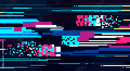 Canvastavla Pixel Art Abstract Glitch Background with Neon Cyan and Pink Digital Distortion