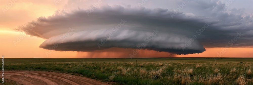Fototapeta premium Supercell thunderstorm with a dramatic rotating storm cloud over a sunset landscape