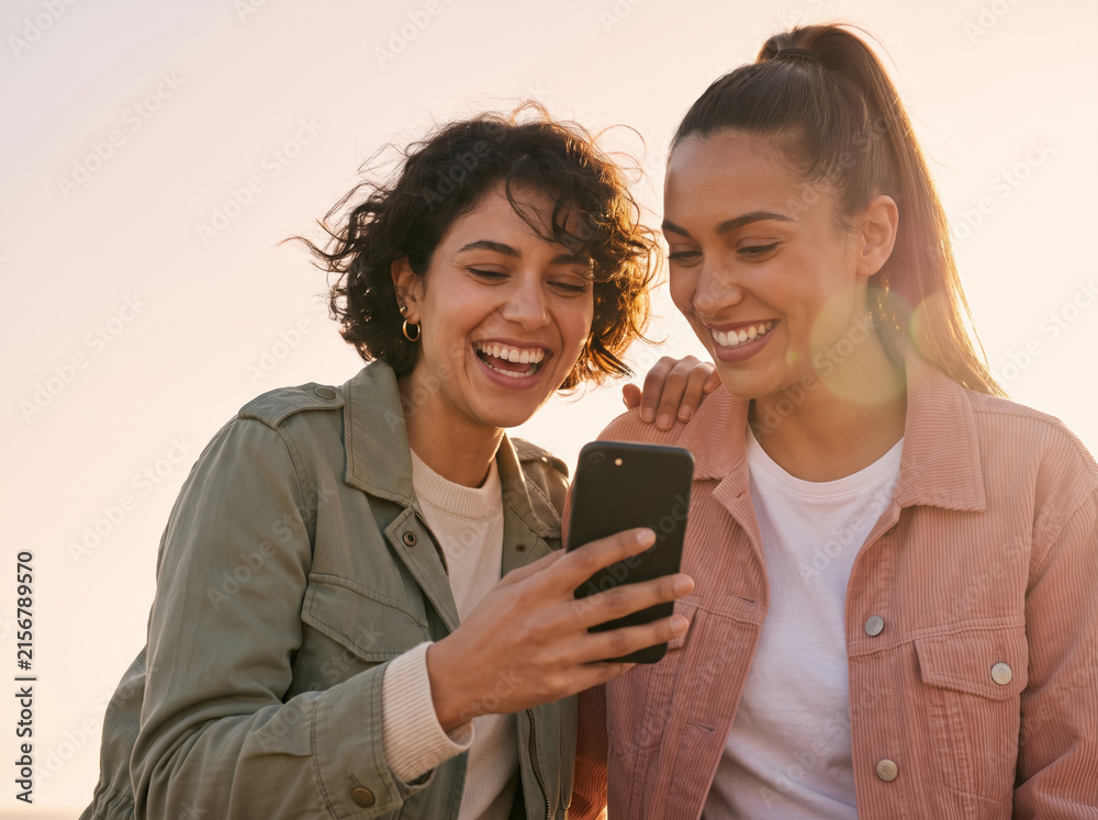 Naklejka premium Two joyful female friends taking a smartphone selfie against a warm peach sunset sky, offering expansive copy space for lifestyle branding.