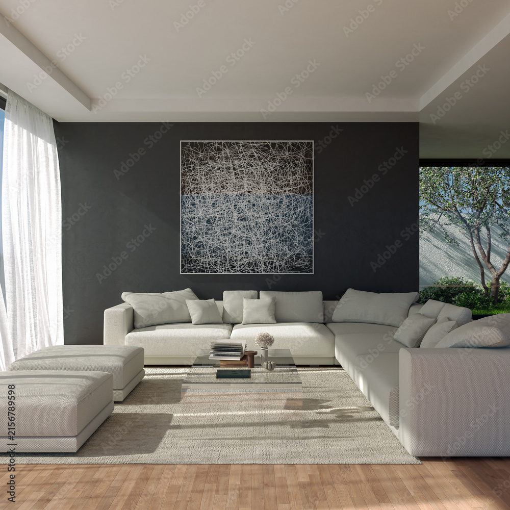 Fototapeta premium 3D render, illustration Fan Ventilation Large Luxury modern living room interior, brutalist architecture realistic lighting, Graphic Overlay wide angle, contemporary furniture, clean lines, minimal