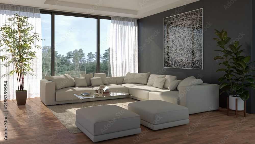 Fototapeta premium 3D render, illustration Fan Ventilation Large Luxury modern living room interior, brutalist architecture realistic lighting, Graphic Overlay wide angle, contemporary furniture, clean lines, minimal