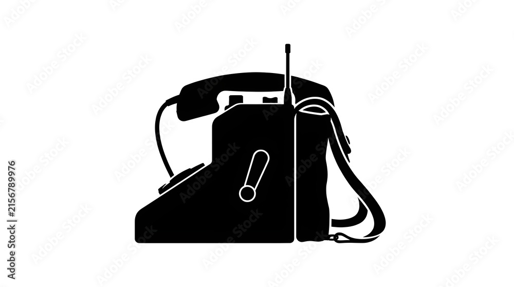 Fototapeta premium Black silhouette of a vintage military field telephone. Retro communication device vector icon isolated on white background.