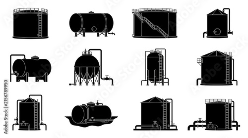 Set of black and white industrial storage tank silhouettes. Vector icons of oil refinery tanks, gas silos, and chemical containers isolated on white background.