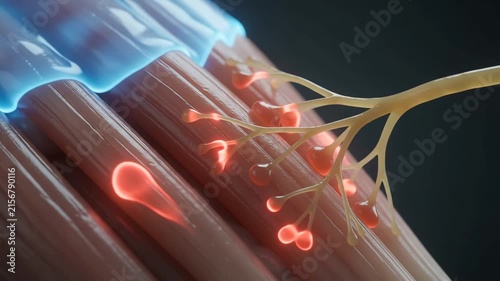 Intense red pain signals moving slowly from the muscle toward nearby nerve endings, a cool blue descending wave appears after painkiller activation and gradually suppresses the red signals