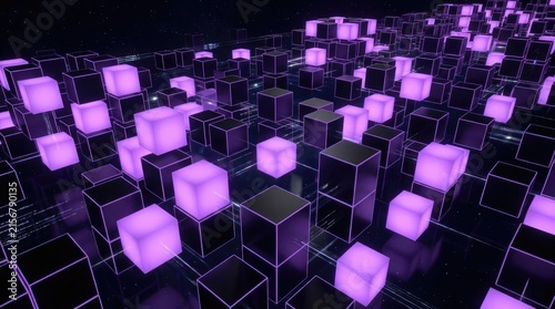 Abstract purple glowing cubes in digital city landscape