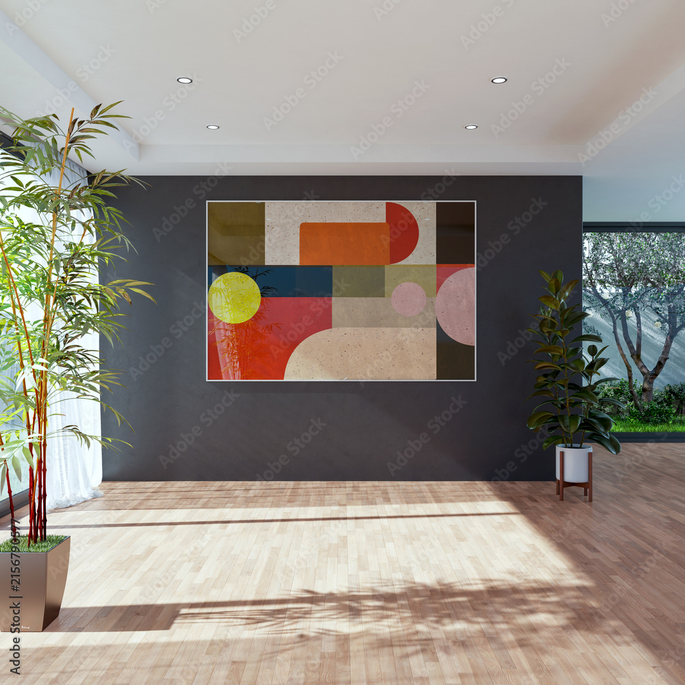 Fototapeta premium 3D render, illustration Fan Ventilation Large Luxury modern living room interior, brutalist architecture realistic lighting, Graphic Overlay wide angle, contemporary furniture, clean lines, minimal
