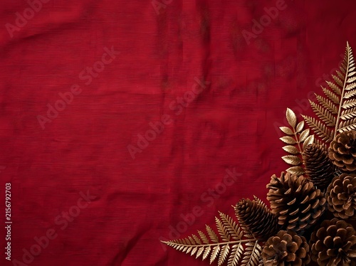 Thanksgiving Pinecone Background With Golden Foliage On Rich Red Textured Fabric