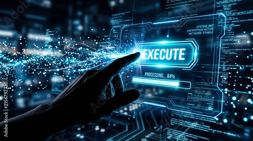 Hand Touching Execute Button on Futuristic Digital Interface with Data Processing