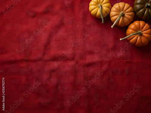 Autumn Pumpkin Background With Miniature Gourds On Rich Red Textured Fabric
