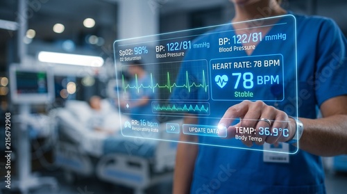 Digital Health Monitoring Interface Showing Heart Rate Blood Pressure and Vital Signs