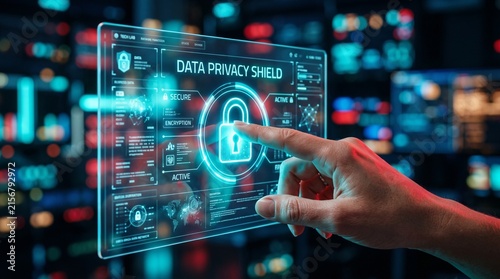 Data Privacy and Cybersecurity Shield with Digital Lock Interface