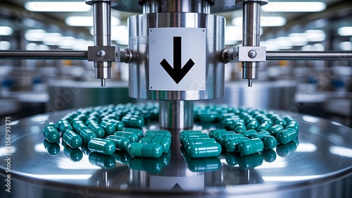 Pharmaceutical manufacturing machine processing green capsules in modern factory