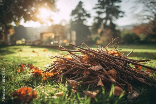Pile of dry branches and fallen leaves on green grass in autumn yard. Cleanup process for garden maintenance service banner, organic bio waste composting or backyard landscaping estate template.