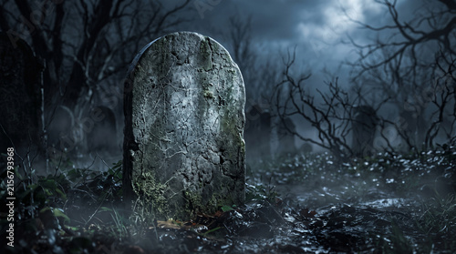 Old weathered tombstone in a dark, misty, and eerie graveyard at night with bare trees