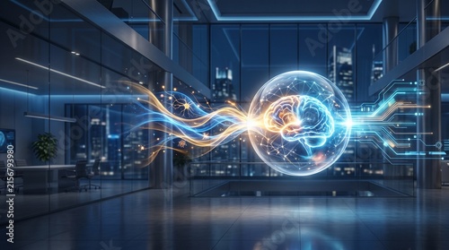 Artificial Intelligence Brain with Digital Data Network in Modern Office